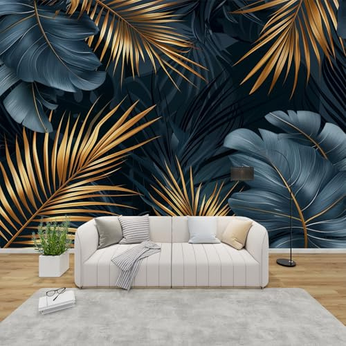 PaxGloz Fototapete Goldene Tropische Blätter Tapete Dunkelblau Luxus Palmenblatt Tapeten Vliestapete Modern Wandtapete Wohnzimmer Schlafzimmer Kinderzimmer Wanddeko Motivtapeten 500 x 280 cm (B x H)