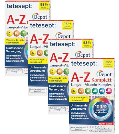 tetesept Vitamin A-Z Depot Tabletten - Nahrungsergänzungsmittel für eine umfassende Versorgung an Vitaminen, Mineralstoffen und Spurenelementen - 4 x 40 Depot-Tabletten