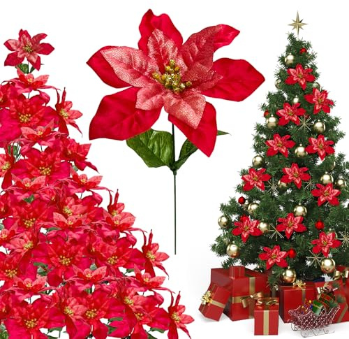 SilverChry Fleurs Artificielles de Noël, 50pcs Fleur de Poinsettia de Noël, Fleurs Artificielles deNoël avec Tiges et Feuilles, Bouquet de Fleurs deNoel Ornement de Décorations (Rouge)