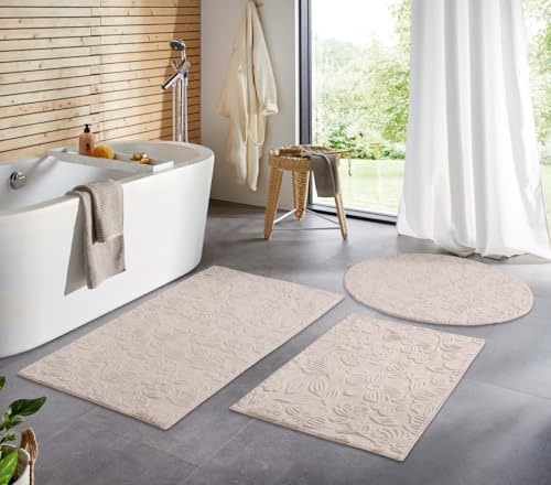 Taracarpet Badematte Badvorleger Homestyle rutschfest waschbar Badezimmerteppich Badewannenmatte, Badteppich, Duschmatte Badezimmer saugfähig Weich auch als Set Beige Floral 060x120 cm