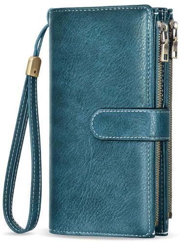 VOBUKE Portefeuille Femme Grand Format Porte Monnaie PU Cuir Vintage Porte Feuille pour Femme RFID Blocage Portefeuilles Grande Capacité Zippé Porte-Cartes pour 16 Cartes et Détachable Bracelet
