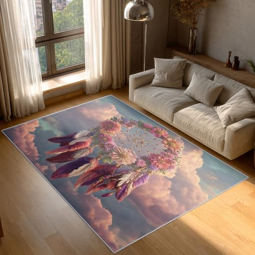 Generisch Fußmatte Traumfänger 40x60 cm, Teppich Federblume Weicher Waschbarer Antirutsch Kurzflor Carpet für Eingangsbereich Bettvorleger P-&38