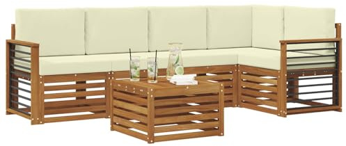vidaXL Sofagarnituren 6 pcs Natur und Creme Massivholz Akazie, Moderner Outdoor-Sofa, strapazierfähiges Möbel für Garten, Bequeme Lounge-Sitzgruppe für die Terrasse