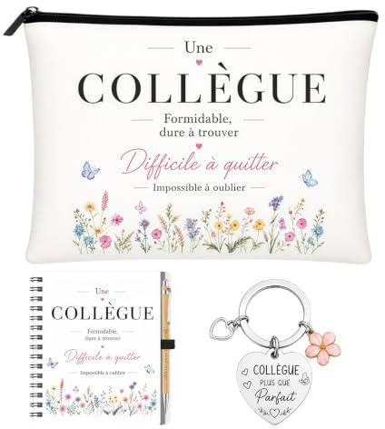 4 Pièces Set de Cadeau Départ Collègue de Travail Femme Pochette de Maquillage Carnet à Spirale Porte-Clés