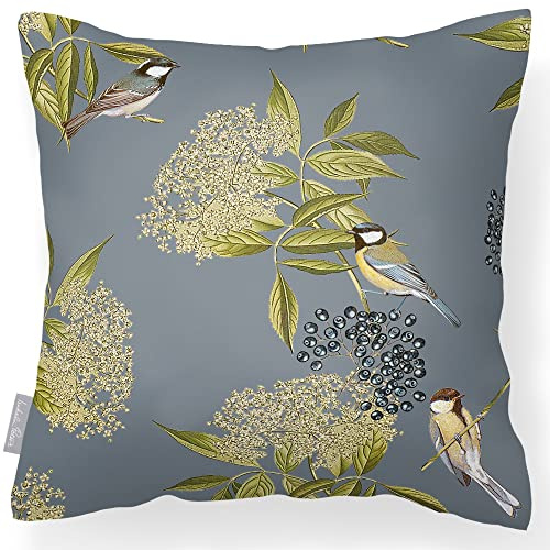 Izabela Peters Outdoor Cushions Waterproof, 43 cm, Filled, Bird on Elderflower - Grey, Garden Furniture Cushions