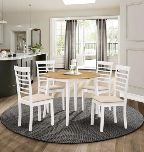 Hallowood Furniture Ledbury Small White Round Dining Table and Chairs Set 4 | 61-92cm Wooden Drop Leaf Table with White Frame and Dining Chairs in Cream Fabric Padded Seats, Space Saving Dinner Set for 4