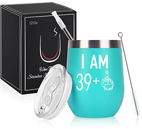 Livole 40. Regalos de cumpleaños Copa de vino de acero inoxidable, regalos de 40º cumpleaños para mujeres, copa de vino de 12 oz con tapa y cepillo de pajita, taza de café de viaje aislada al vacío