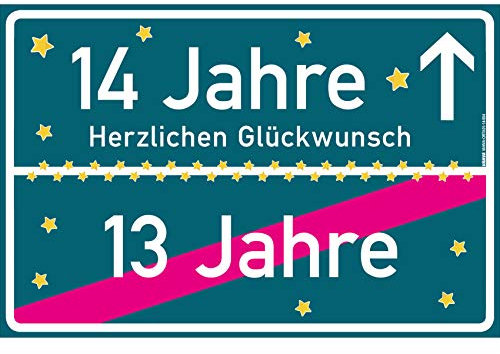 vanva 14 Geschenk Junge Schild mit Spruch Herzlichen Glückwunsch Ortsschild Geschenk für Männer 14 Jahre Party Deko Geschenkideen für den 14 Geburtstag Mehrfarbig