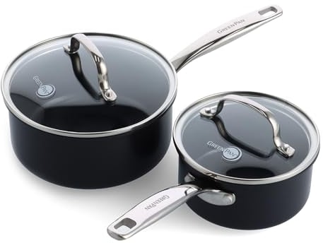 GreenPan Prime Midnight Hard Anodized Healthy Ceramic Nonstick, 1QT and 2QT Saucepan Pot Set with Lids, PFAS-Free, Dishwasher Safe, Oven Safe, Black