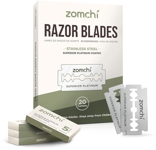 ZOMCHI Lames de rasoir à double tranchant 2.0, 100 lames de rasoir de sécurité pour le rasage, lames de rasage en acier inoxydable platine, s'adaptent à tous les rasoirs à double tranchant standard