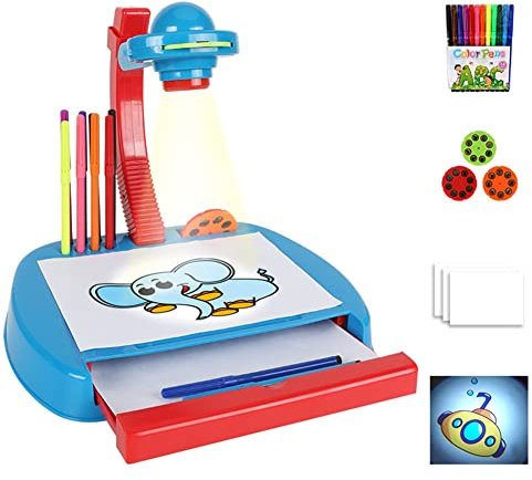 Drawing Projector Table for Kids, Trace and Draw Projector Toy with Light, Children Educational Early Learning Musical Projector Painting Drawing Table Toy Paint Tools for Boys Girls, Blue