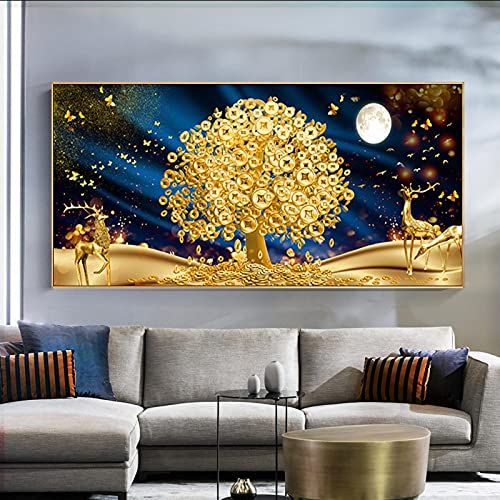 Dittelle Gold Money Tree Gemälde auf Leinwand Abstrakte moderne Poster und Drucke Wandkunst Elchbild für Wohnzimmer Heimdekoration23,6 x 47,2 (60 x 120 cm) Kein Rahmen