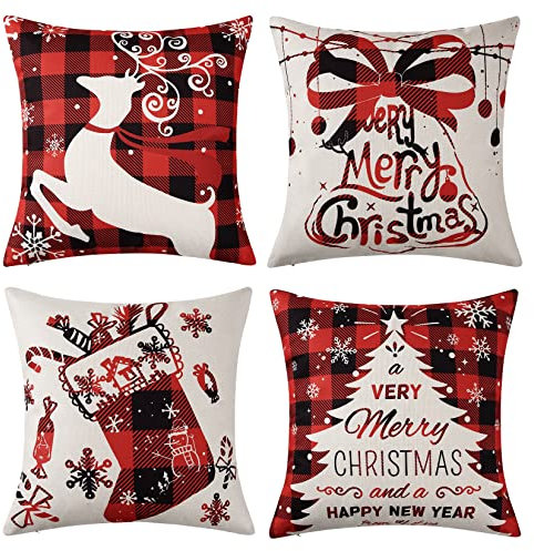 CAROMIO 4er Set Weihnachten Kissenbezüge, 45x45cm Kissenbezug Dekorative Kissenhüllen für Wohnzimmer Schlafzimmer Büro Garten Sofa, Baumwolle Leinen Zierkissenbezug mit unsichtbarem Reißverschluß