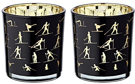 EDZARD 2er-Set Teelichtglas Monty (Höhe 8 cm, ø 7,5 cm), Windlicht mit Skisport Motiv, innen Gold/außen schwarz