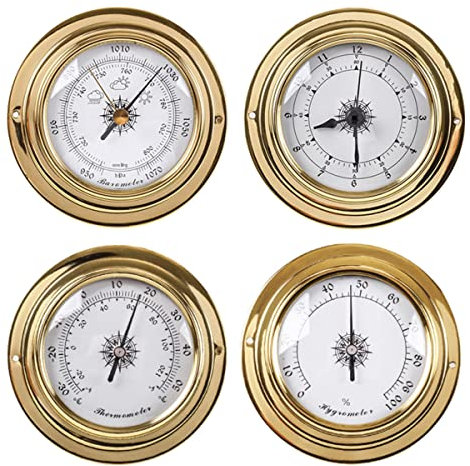 WMGoods Set da 4 pezzi, termometro, igrometro, barometro, orologio, orologio, 9,8 cm, con guscio in rame, stazione meteorologica per esterni, barometro multifunzione, per appendere casa, ufficio,