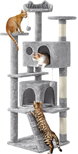 Yaheetech Cat Tree, 158cm Cat Tower with Scratching Post, 2 House and Dangling Balls Pet Furniture for Indoor Kittens, Light Grey