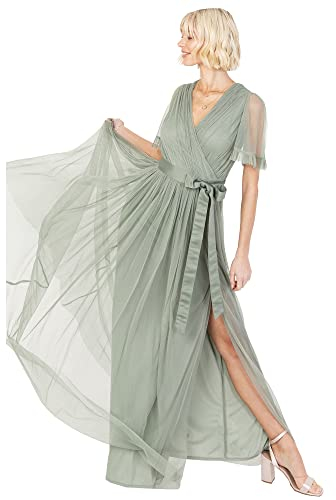 Anaya with Love Ladies Maxi Dress for Women V Neckline Short Sleeve Frilly Long Empire Waist for Wedding Guest Bridesmaid Maid of Honour Frosty Green Size 18
