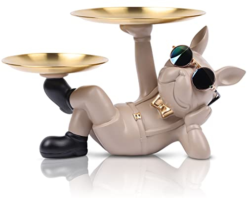 XYQXYQ Multifunktionale Bulldoggen-Statue, Aufbewahrungs-Tablett aus Kunstharz, kreatives Hunde-Aufbewahrungs-Tablett, Geldbörse, Schlüssel und Halsband (cremefarben)