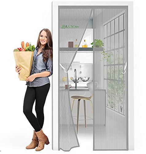 Fly Screen Door, 100 x 210 cm Magnetic Door Screen Seal Automatically Fly Screen Mesh Curtain, Keep Fresh air in & Bugs Out Easy to Install - Grey
