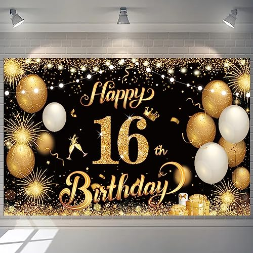Happy 16th Birthday Banner - Gold 1.1 x 1.8m, Perfect for Boys & Girls 16th Birthday Party Decorations