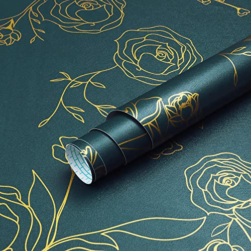 590x17.3Wallpaper Dark Teal and Gold Peel and Stick Wallpaper Floral Contact Paper Peel and Stick Wallpaper Floral Contact Paper for Walls Covering Vinyl Rolls