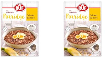 RUF Porridge Schoko Banane mit Vollkorn-Haferflocken, Kakaopulver und Bananenchips, noch knackiger wird’s mit frischen Nüssen verfeinert, 1x65g Beutel (Packung mit 2)