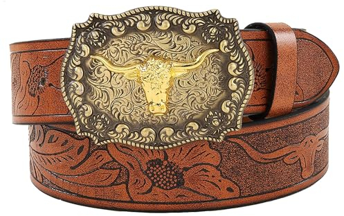 NociHah Herren Western Cowboy Brauner Ledergürtel - Floral gravierte Cowgirl-Gürtel mit Longhorn-Bull-Schnallen als Geschenk für Frauen (Taillenumfang 33-36) (braun, 47.24Zoll/120CM)
