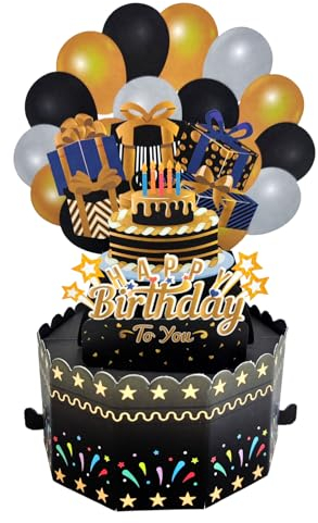 Pop Up Geburtstagskarte,Schwarze Gold Happy Birthday Grußkarte Geburtstag 3D Popup Karten Glückwunschkarte mit Umschlag Frauen Männer Geschenkideen