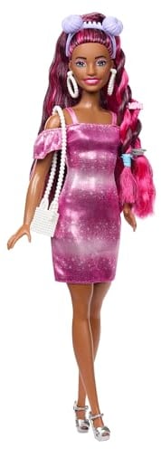 Barbie-Puppe, Fun & Fancy-Haar mit extralangem farbenfrohem schwarzem Haar und schimmerndem rosa Kleid, 10 Frisier- und Mode-Spielaccessoires, JDC86