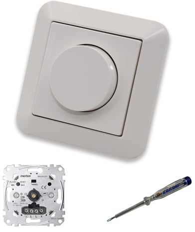 EBROM SET IDEE: Merten MEG5134-0000 LED Drehdimmer LED-Dimmer mit Dimmerscheibe Zentralplatte MEG5250-0319 Einfachrahmen in polarweiß glänzend System M inkl. EBROM Phasenprüfer zur Montage des Geräts