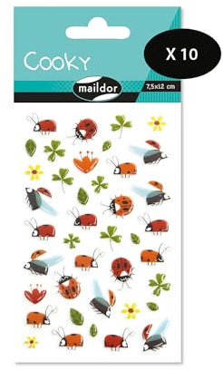 Maildor CY094Cpack - Packung mit 10 Bögen 3D Sticker Cooky - Aufkleber, 7,5x12cm, Kleeblätter und Marienkäfer, 400 Stickers, 1 Pack