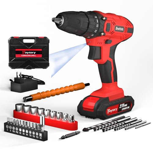21V Cordless Drill Driver, 3/8 Keyless Chuck, 2x 1500mAh Batteries, Max 45Nm, 2 Speed, LED Light, Red