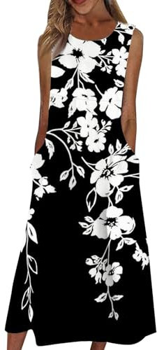 Temu Shop Kleidung Damen Wickelkleid Damen Sommer Kleider Damen Lang Cocktailkleid Damen Elegant Rundhals Blumen Bedruckt Freizeitkleid Ärmelloser Partykleid Mit Taschen Kleid Kurz (Dunkelgrau, Xl)