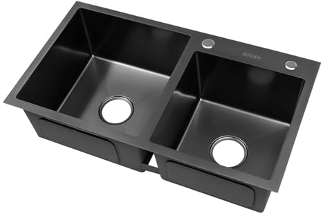 Doppelspüle Schwarz 78 * 43 * 22 cm, Spülbecken Küchenspüle Edelstahl mit Abtropffläche und Seifenspender, Waschbecken Küche Set Einbauspüle mit Ablaufgestell mit 11 cm Kaliber