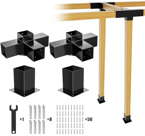 Panghuhu88 Kit per pergola 4 x 4, kit base per pergola, kit di base per pali fai da te per lavori in legno con 2 staffe a 4 vie e 2 basi per gazebo, pergole da patio
