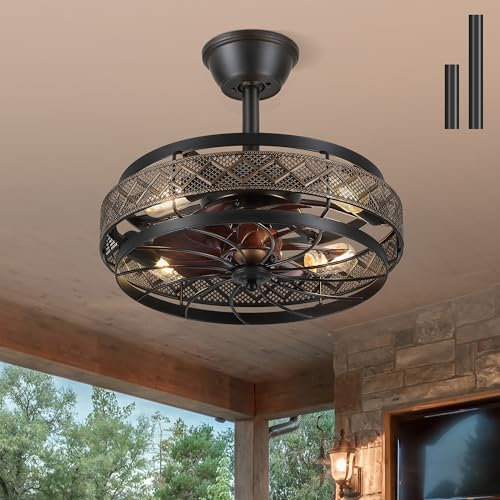 SHIHOT - Ventilador de techo de 18 pulgadas con luces, ventilador de techo industrial sin aspas con control remoto, 6 velocidades, temporización, luces de ventilador de granja para cocina, recámara