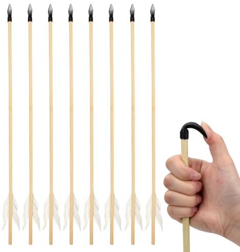 Basbon 8 Pcs Wooden Feather Arrows Soft Rubber Tips, 17 Inch Handmade Wooden Toy Arrow for Kids and Beginners, Archery Bows Outdoor Play Cosplay Costume Decoration