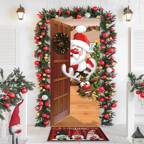 Giugio Decorazione per porta di Natale, 90 cm x 200 cm, coperta per porta di Babbo Natale, decorazione natalizia
