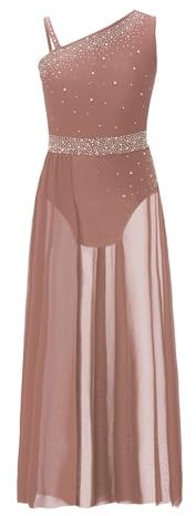 ranrann Enfant Fille Robe Danse Classique sans Manches Strass Costume Danse Lyrique Asymétrique Justaucorps Ballet Tenue Patinage Artistique Dancewear