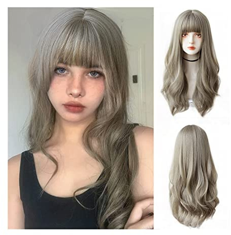 Perücken, Lange graue Perücke mit Pony, lange gewellte lockige Perücken for Frauen, natürlich aussehende synthetische Lolita Cosplay hitzebeständige Perücke for das tägliche Kostüm Halloween,Perücken