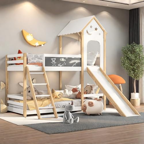 Letto a Castello per Bambini 90 x 200, Letto a Soppalco Con Protezione Anticaduta, Lettino Scivolo per Cameretta e Ragazzi