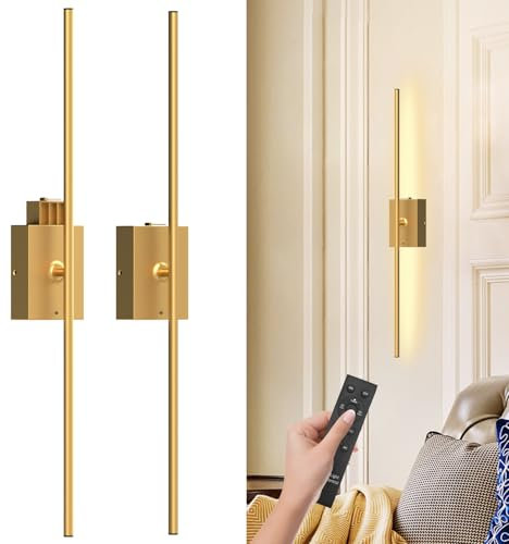 QINER Rechargeable LED Wall Lights Indoor, USB-C Battery Operated Wall Sconces with Remote, Battery Removable and Dimmable Modern 81CM Wall Light for Living Room, Hallway, Bedroom, Gold 2Pcs