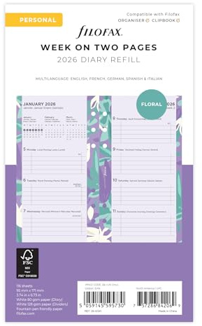 Filofax Kalender Personal Illustrated Diary Floral 1 Woche auf 2 Seiten (mehrsprachig) 2026