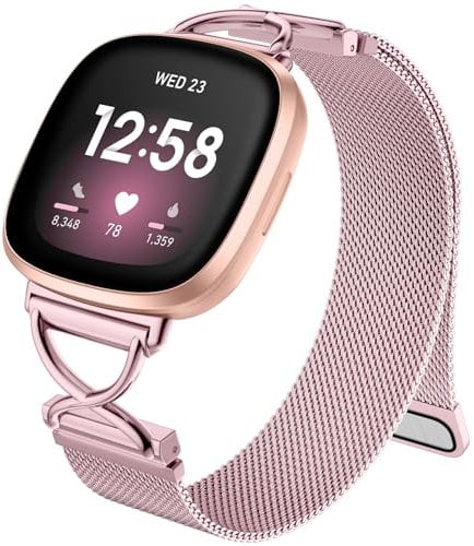 Charlam Metallarmband Kompatibel mit Fitbit Versa 4 Armband, Versa 3 Armbänder für Damen, Magnetisch Verstellbares Edelstahl Ersatzarmband für Fitbit Sense, Sense 2 Armband, Rosa