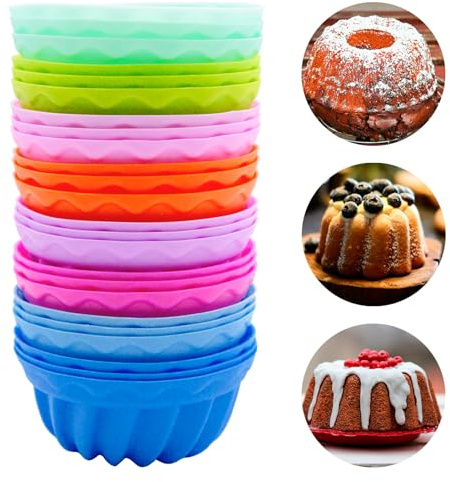 Ennoxwi 24 Pcs Silicone Cupcake Moulds Reusable Fluted Ring Cake Tin Non-Stick Muffin Cheesecake Tray for Pudding