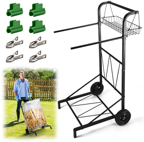 CAROD Upgraded Trash Bag Holder Cart with Storage Basket and Ergonomic Handle, Adjustable Outdoor Leaf Bag Holder from 30-45 Gallon Capacity, Ideal for Yard, Camping, Parties Clean-Up (Large)