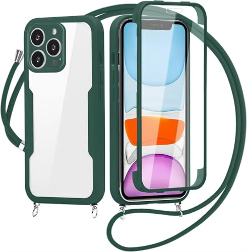 FERLAN Crossbody Lanyard Case for iPhone 11 Pro with Strap,360° Full Body with Built-in Screen Protector Touch Sensitive Shockproof Soft TPU Bumper Necklace Phone Case Protective Cover(Green)