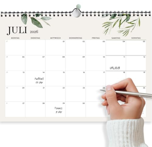 heaven+paper® Wandkalender 2026 | Familienplaner 2026 A4 | Planer 2026 mit Feldern | Made in Germany | Kalender 2026 Familienplaner | Jahresplaner 2026 mit Feiertagen und KW (Green, Querformat)