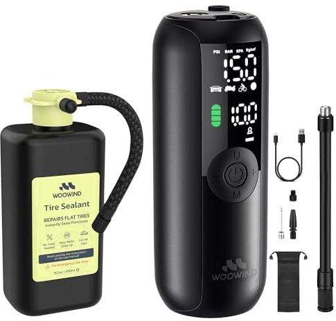 Woowind LP1 Tyre Repair kit- Tyre Inflator Portable Air Compressor & Sealant Combo for Car, Bike, Motorcycle- Fast Car Pump, 150 PSI, Cordless, LED Display Emergency Light