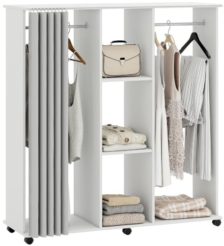 HOMCOM Mobiler Kleiderschrank 6 Rollen 120x40x128cm Weiß | Holz-Kleiderschrank